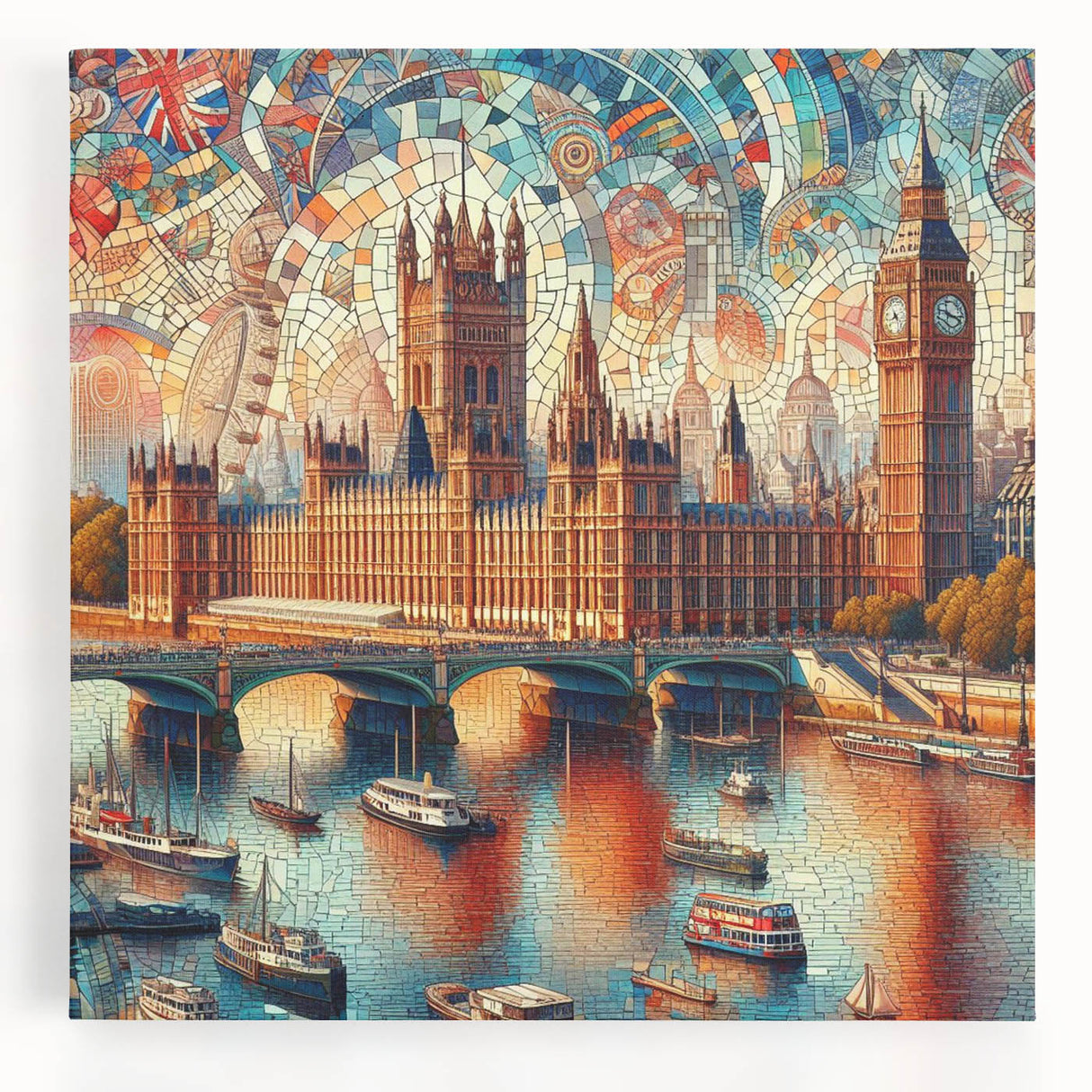 Black and white large art print of London skyline on stretched canvas, ideal for kitchen wall art or bedroom.