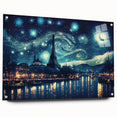 Acrylic glass print of a Paris scenery in muted blue and gray tones, ideal for dining room art.
