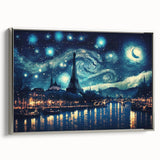 Framed canvas landscape art of Paris with a vintage poster style, featuring a black and colorful art palette.
