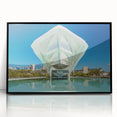 Large abstract wall art featuring a colorful Brazilian landscape in mid-century modernist style on framed acrylic.