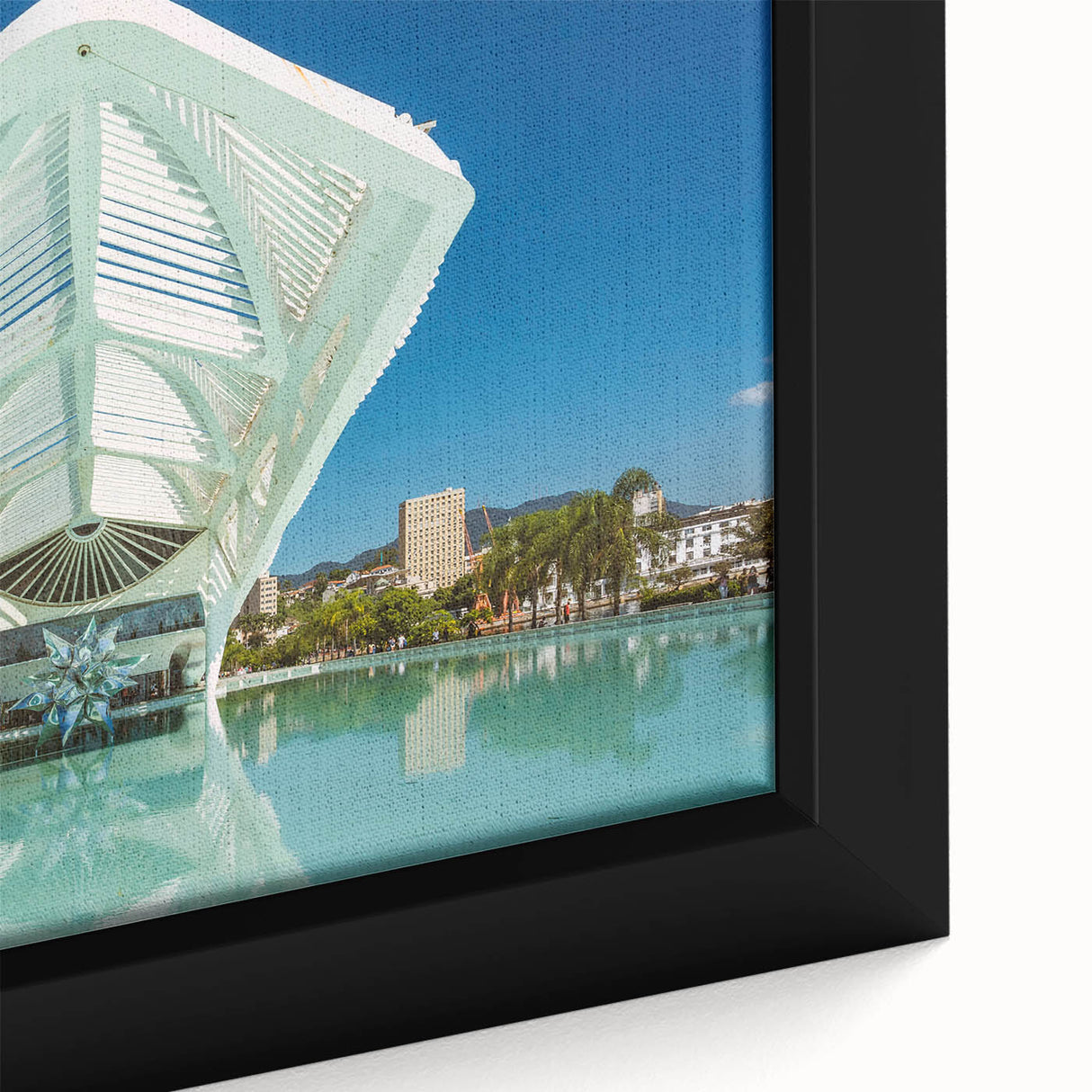 Extra large framed canvas featuring a textured depiction of a Brazilian landscape in black with vibrant colorful accents.