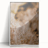 Art deco poster of fall trees in orange and yellow hues, acrylic print in a white frame.