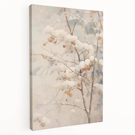 Winter landscape on large stretched canvas, featuring muted blue and white tones, ideal for kitchen wall art.