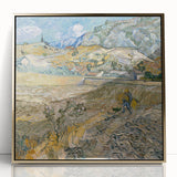 Art deco poster of Van Gogh's painting, featuring bold blue and yellow tones, presented in a gold frame.