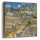 Framed canvas featuring a vintage-style landscape painting with muted gold and silver tones, ideal for bedroom wall art.