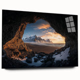 Acrylic glass artwork depicting a vibrant landscape of caves in hues of blue and green, showcasing intricate details and a modern design suitable for home decor.