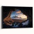 Framed canvas artwork depicting a stunning landscape with caves, presented in a sleek black frame. Ideal for enhancing modern home decor with natural scenery.