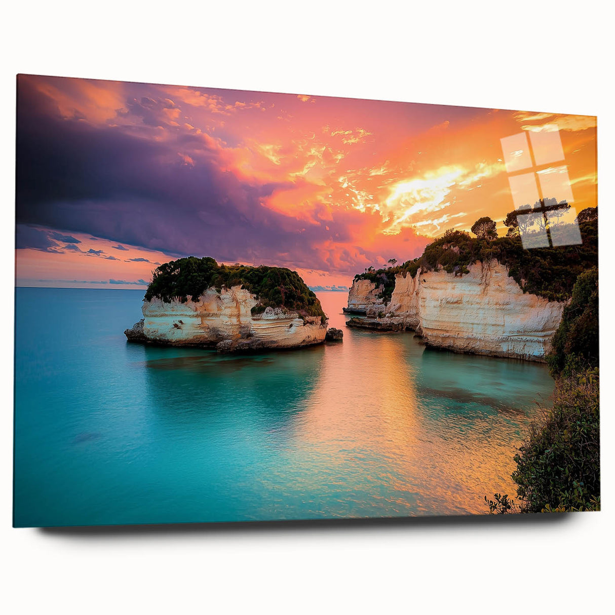 Acrylic glass artwork showcasing a breathtaking side view of majestic cliffs, emphasizing vibrant colors and intricate details, ideal for landscape art enthusiasts.