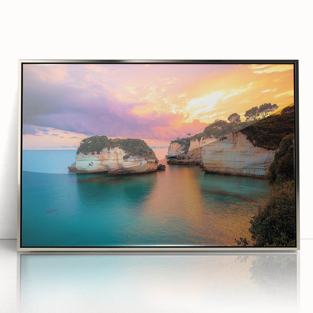 Framed acrylic artwork depicting majestic cliffs under a vibrant sunset, showcasing rich colors and intricate details, perfect for modern home decor.