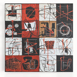 Abstract geometric artwork on stretched canvas, showcasing vibrant colors and dynamic shapes, perfect for modern decor in living spaces or offices. This piece adds a contemporary touch with its bold design and intricate patterns, enhancing any room's aesthetic appeal.
