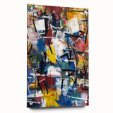 Abstract acrylic glass art piece showcasing vibrant splatters in various colors, presented from a side view, mounted with decorative pins for added texture and visual interest. This unique design enhances modern decor with its artistic flair and bold color palette.