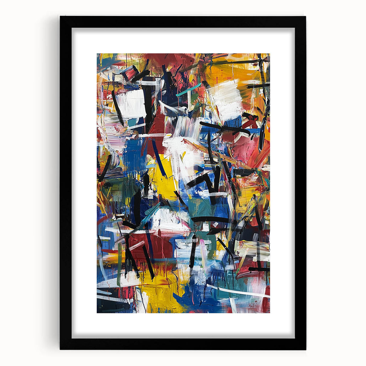 Abstract black frame showcasing a contemporary art print with colorful splatter designs, ideal for modern decor. Perfect for adding a vibrant touch to any room.
