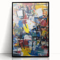 Framed acrylic artwork showcasing a vibrant abstract design with colorful splatters on a black background, perfect for modern home decor and artistic expression.