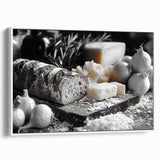 Vintage poster art of colorful food dishes on a large framed canvas, suited for living room decor.