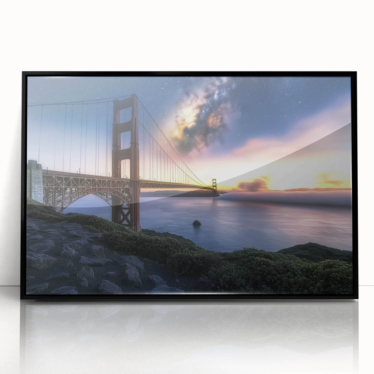 Framed acrylic artwork showcasing a modern landscape bridge design in black, emphasizing intricate details and elegant lines, ideal for contemporary home decor.