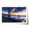 Landscape bridge rolled print showcasing a serene view of an arching bridge over a tranquil river, featuring lush greenery and a vibrant blue sky, ideal for home decor.