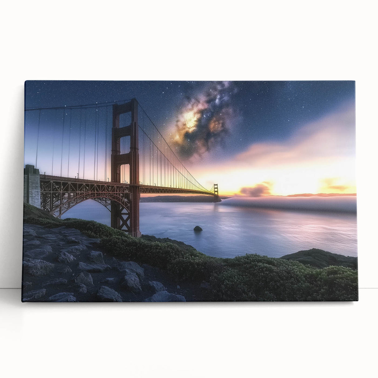 Stretched canvas artwork depicting a serene landscape bridge scene, showcasing vibrant colors and intricate details, ideal for home decor. Perfect for adding a touch of nature to any space.