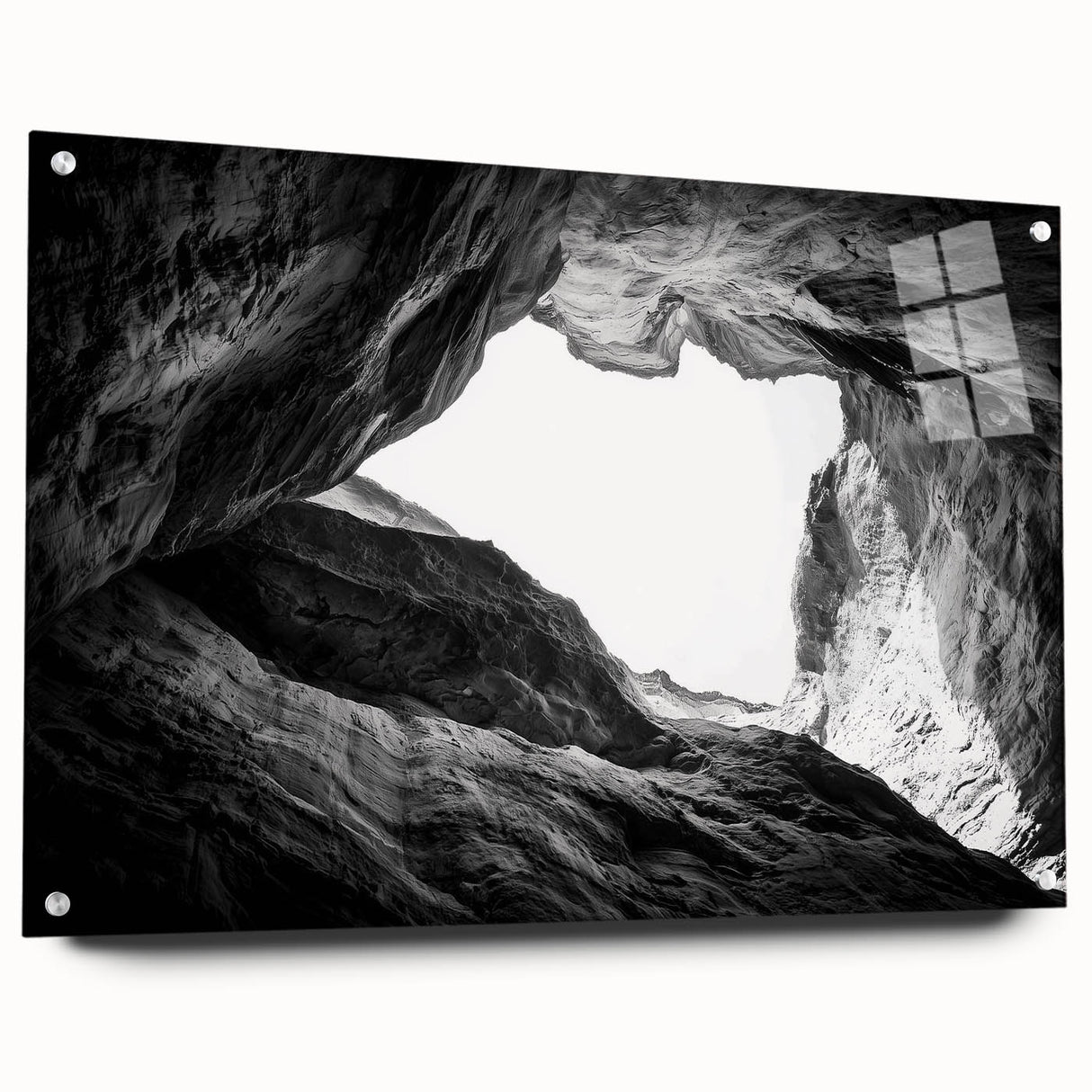 Vibrant acrylic glass artwork showcasing a stunning landscape of canyons, displayed from a side view with stylish pins for mounting. Perfect for home decor.