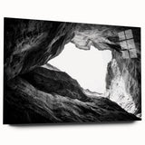 Acrylic glass artwork showcasing a stunning landscape of canyons in earthy tones, featuring a side view that highlights the depth and texture of the scene, perfect for home decor.