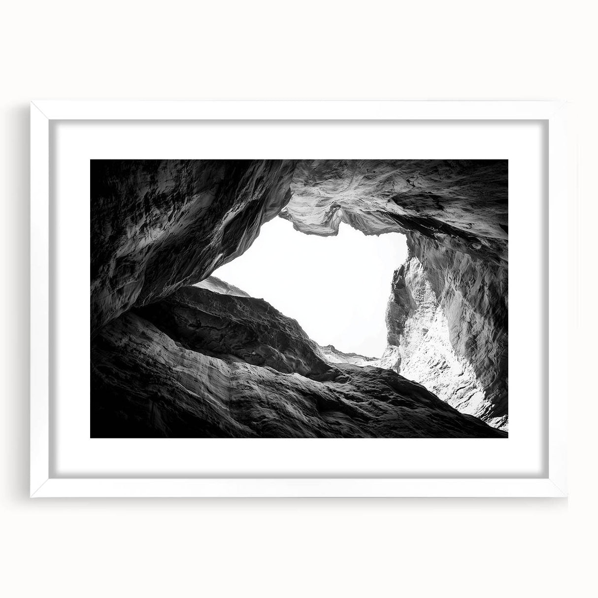 Landscape art print showcasing a vibrant canyon scene framed with a white mat, ideal for home decor. The natural colors and textures evoke a serene ambiance.