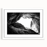 Landscape art print showcasing a vibrant canyon scene framed with a white mat, ideal for home decor. The natural colors and textures evoke a serene ambiance.