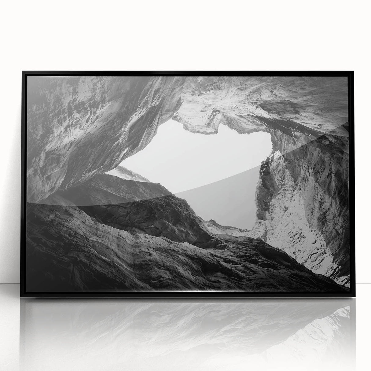 Framed acrylic artwork showcasing a stunning landscape of canyons in vibrant colors, featuring a sleek black frame, perfect for enhancing modern home decor.