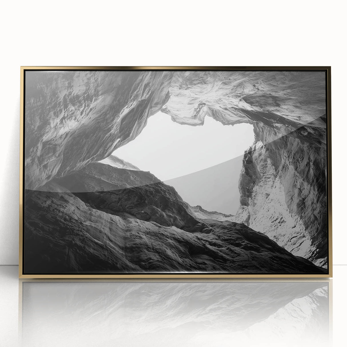 Framed acrylic artwork showcasing a stunning landscape of canyons with golden accents, perfect for adding elegance to any home decor. Ideal for nature art lovers.
