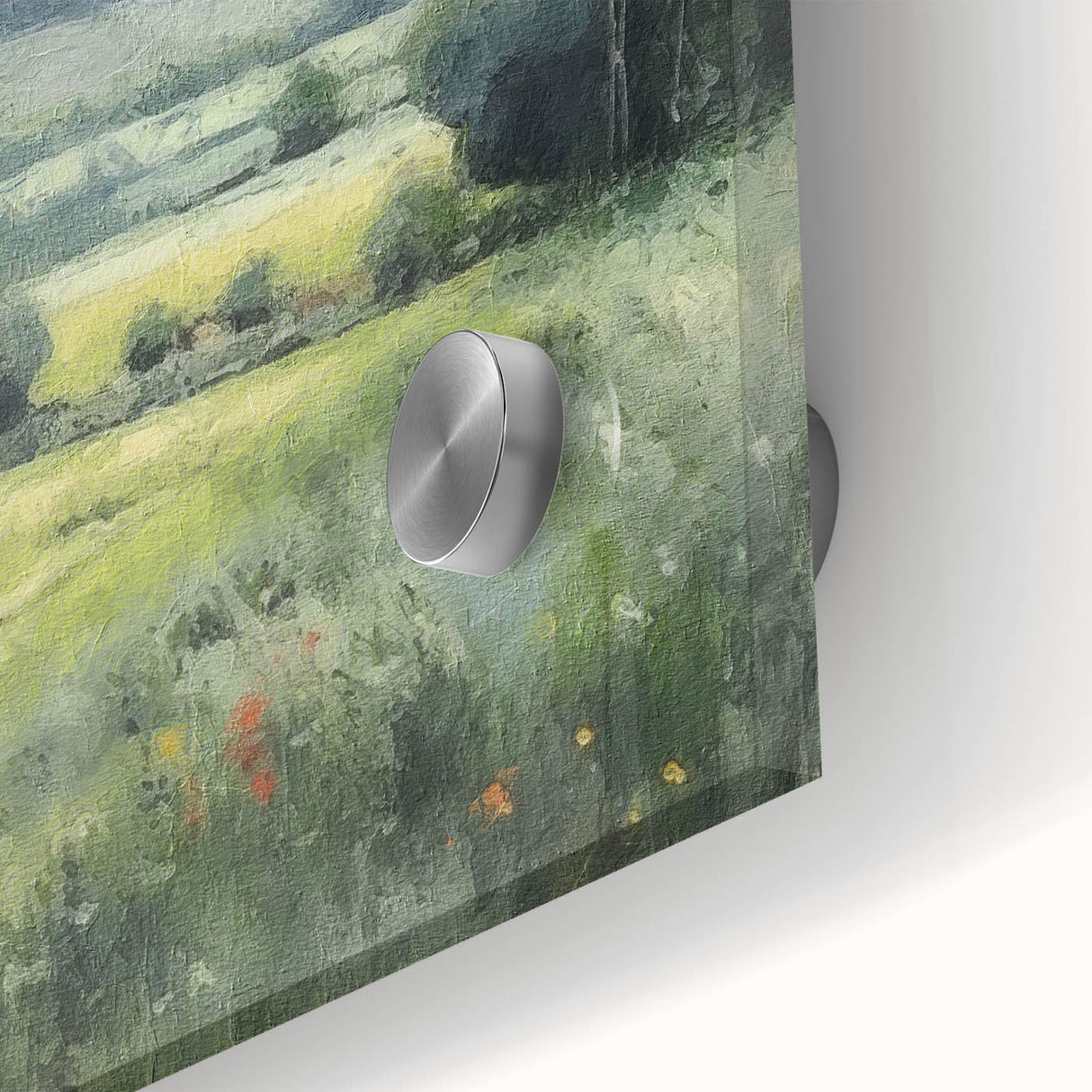 Close-up view of a vibrant landscape wall art piece showcasing a serene countryside scene with lush greenery and a clear blue sky, designed for acrylic glass display.