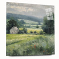 Landscape wall art featuring a serene countryside scene, displayed in an acrylic glass frame with visible mounting pins, highlighting vibrant colors and detailed textures. Ideal for home decor enthusiasts seeking to enhance their living space with nature-inspired artwork.