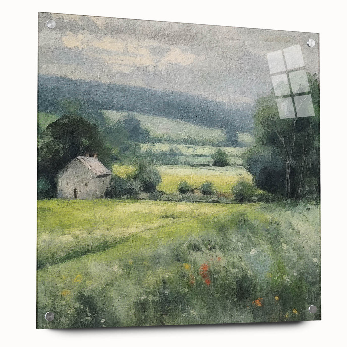 Landscape wall art featuring a serene countryside scene, displayed in an acrylic glass frame with visible mounting pins, highlighting vibrant colors and detailed textures. Ideal for home decor enthusiasts seeking to enhance their living space with nature-inspired artwork.