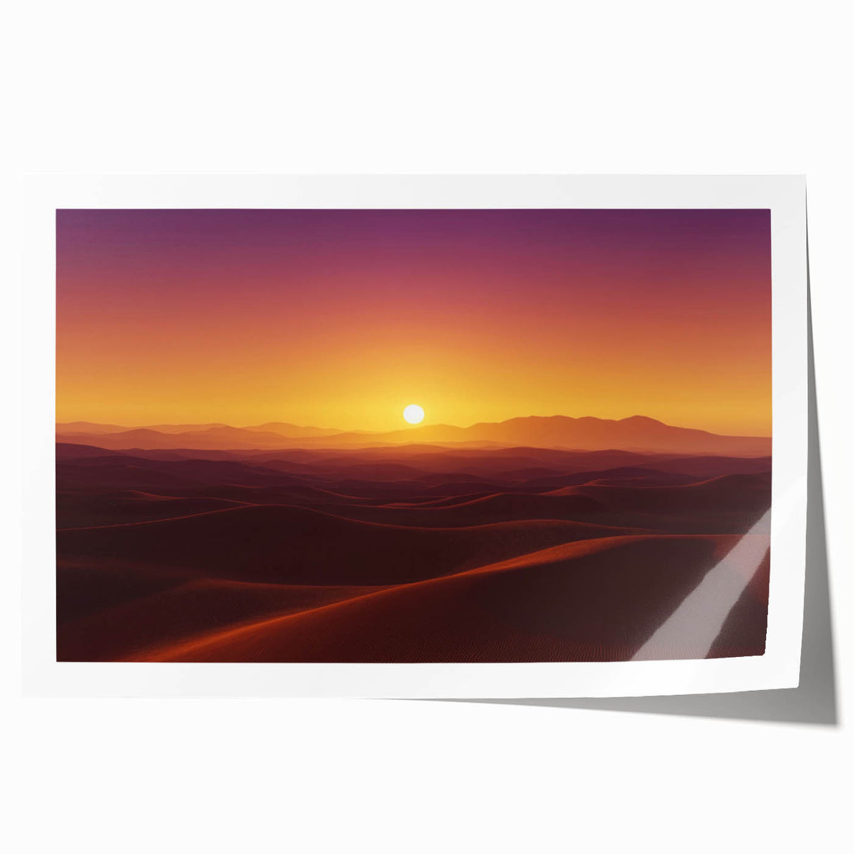 Desert landscape rolled print showcasing warm hues of orange and brown, featuring majestic sand dunes under a clear blue sky, ideal for home decor.