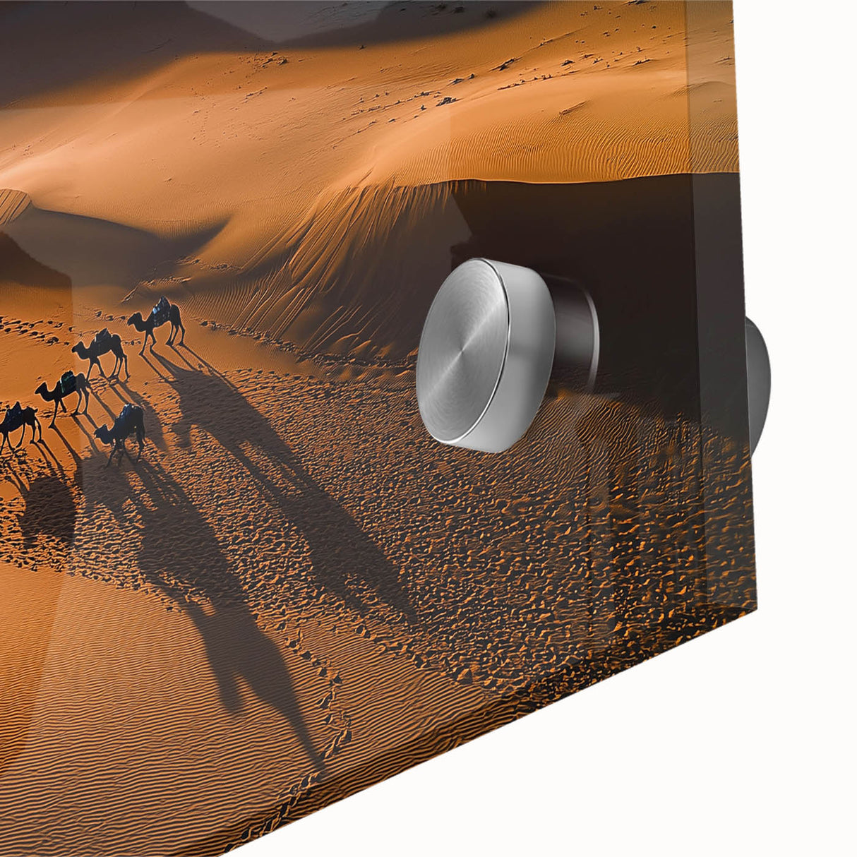 Close-up view of a stunning acrylic artwork depicting vibrant sand dunes, showcasing intricate textures and warm colors, perfect for modern home decor.