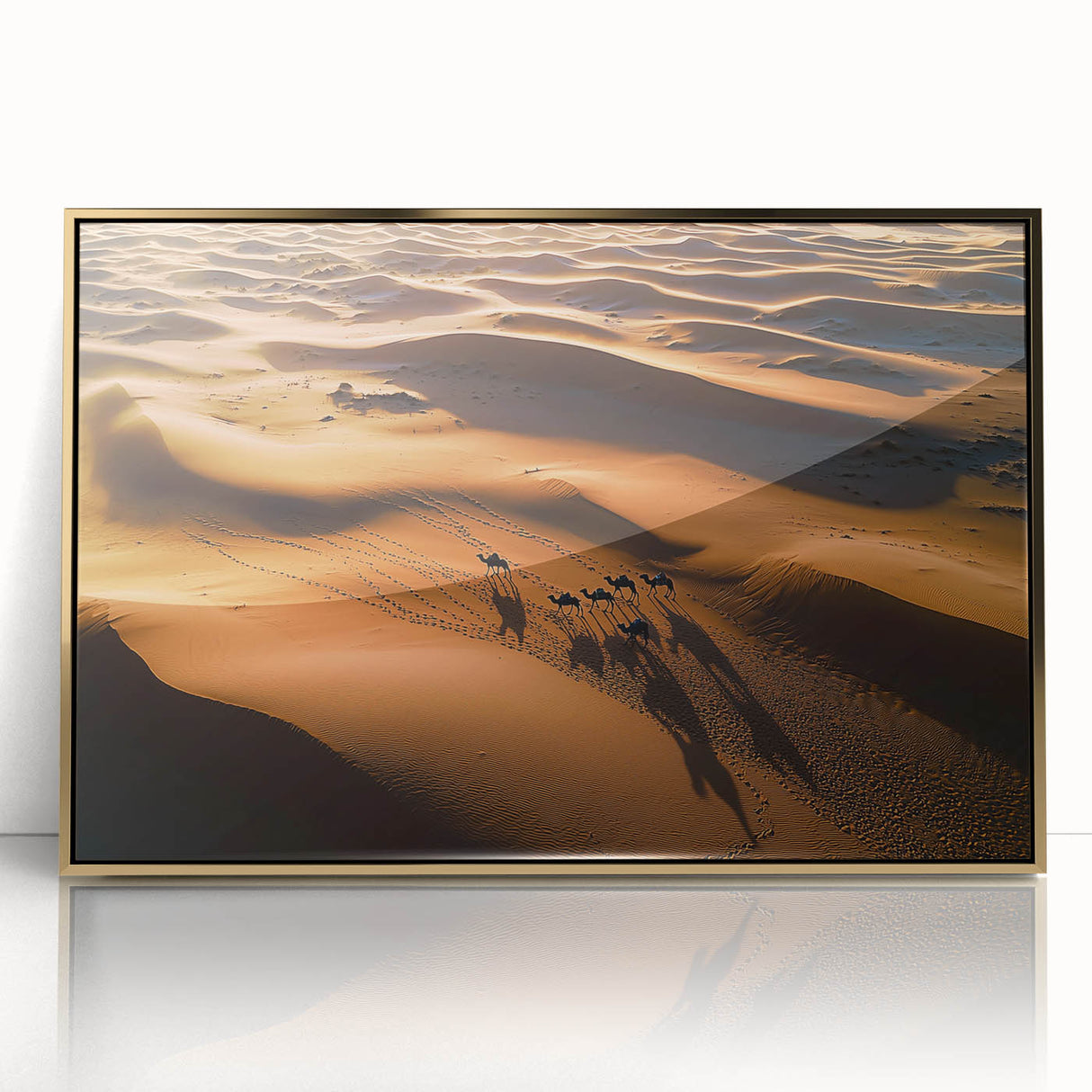 Framed acrylic artwork depicting a serene desert landscape with golden dunes under a clear blue sky, showcasing vibrant colors and intricate details, perfect for home decor.