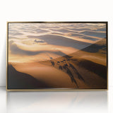 Framed acrylic artwork depicting a serene desert landscape with golden dunes under a clear blue sky, showcasing vibrant colors and intricate details, perfect for home decor.