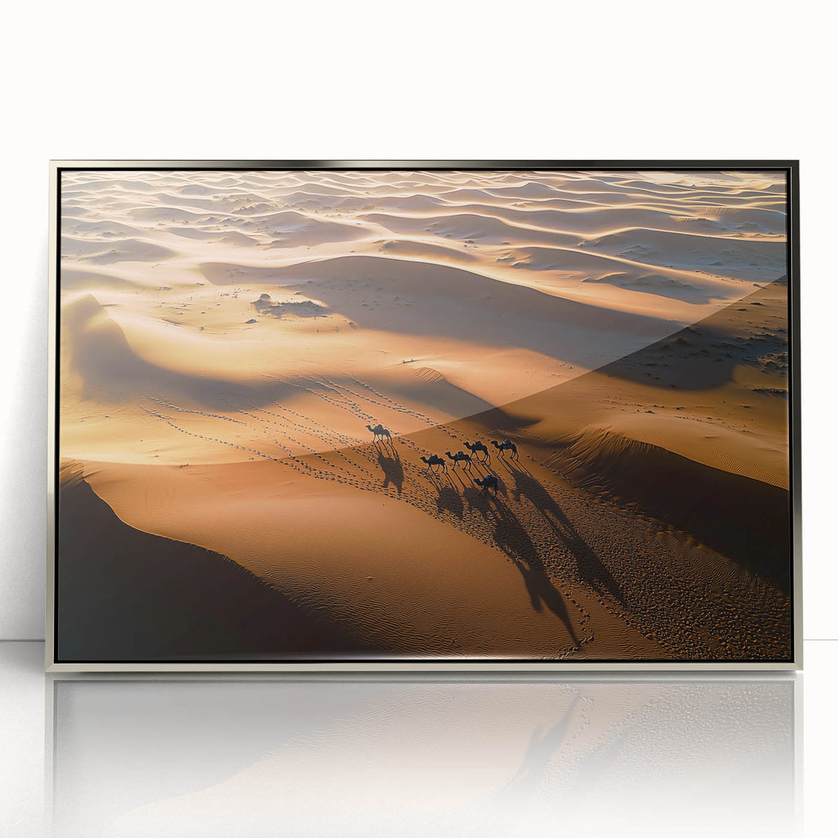 Framed acrylic artwork showcasing serene sand dunes in soft beige and golden tones, perfect for enhancing modern home decor with a touch of nature.