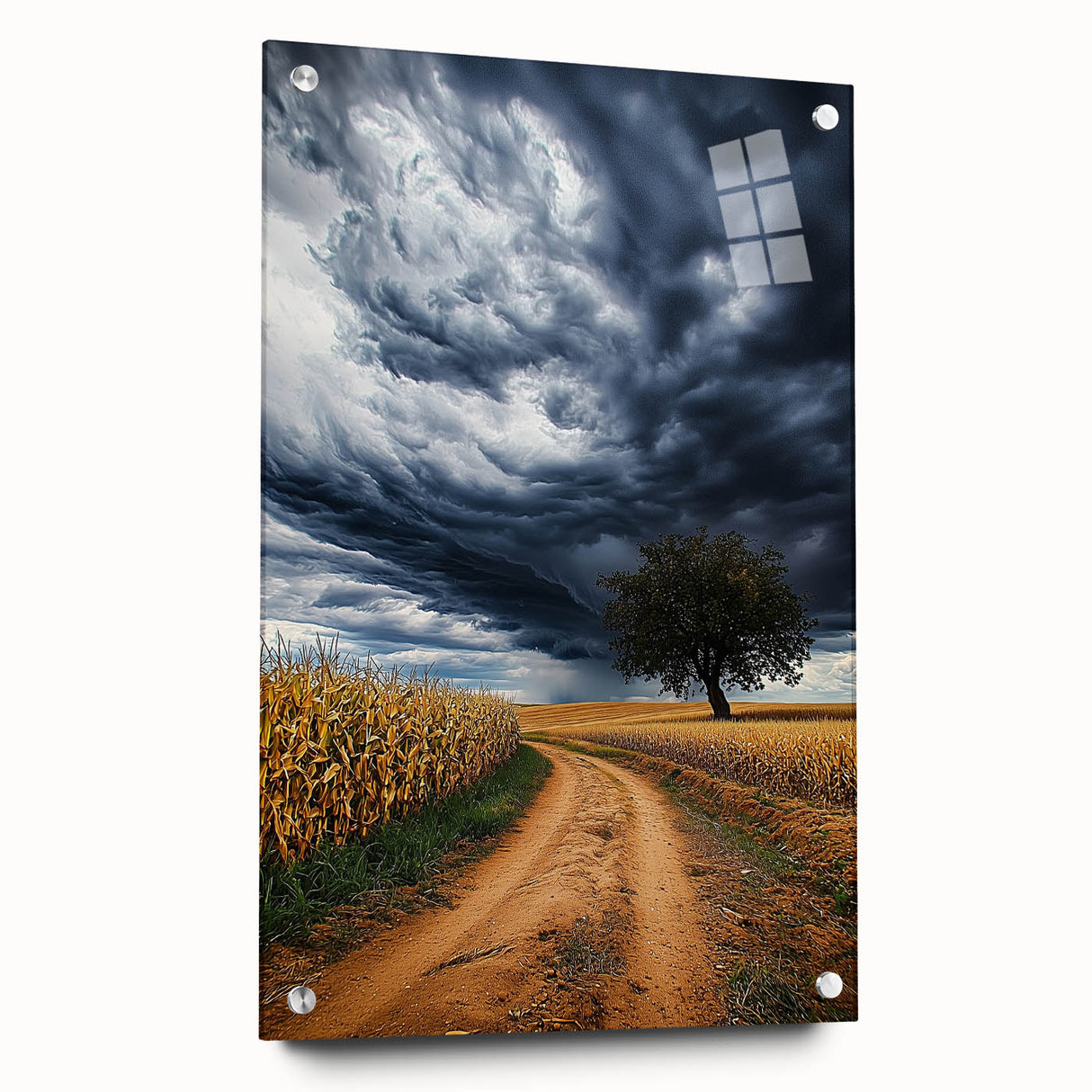 Acrylic glass artwork showcasing a serene landscape with vibrant green fields and a clear blue sky, elegantly displayed from a side view with decorative pins.