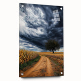 Acrylic glass artwork showcasing a serene landscape with vibrant green fields and a clear blue sky, elegantly displayed from a side view with decorative pins.