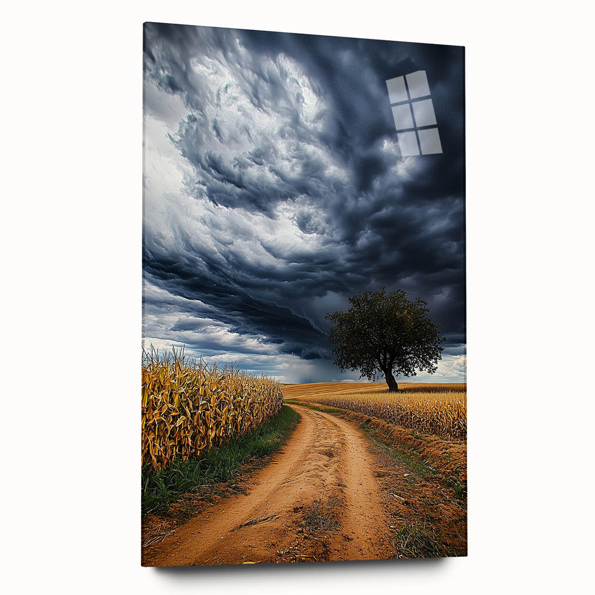 Acrylic glass display showcasing a vibrant landscape of rolling fields under a clear blue sky, emphasizing the lush green hues and serene atmosphere, ideal for home decor.