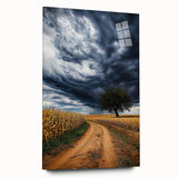 Acrylic glass display showcasing a vibrant landscape of rolling fields under a clear blue sky, emphasizing the lush green hues and serene atmosphere, ideal for home decor.