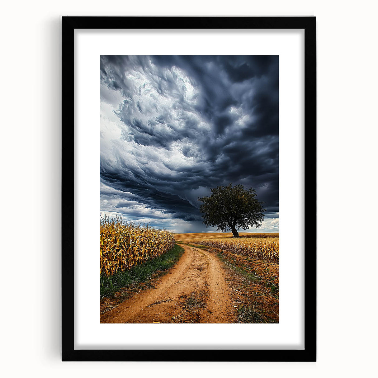 Black-framed landscape artwork with mat, showcasing vibrant fields under a clear blue sky, perfect for enhancing any modern home decor or office space.