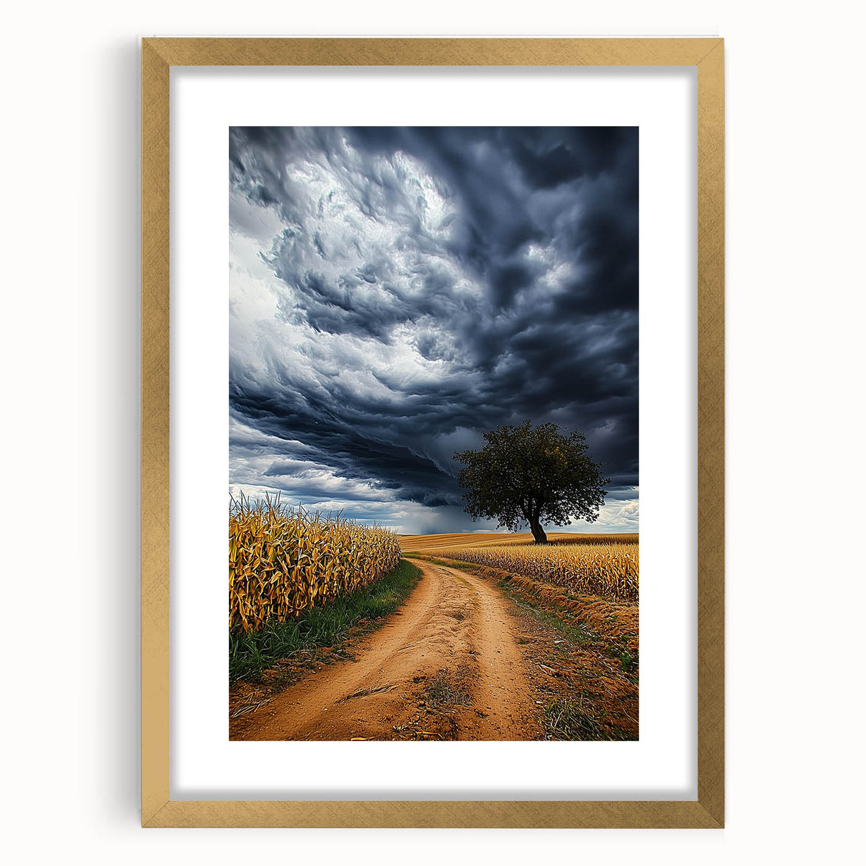Golden-framed landscape art print featuring vibrant green fields and a serene sky, designed to enhance home decor with a touch of elegance and nature.