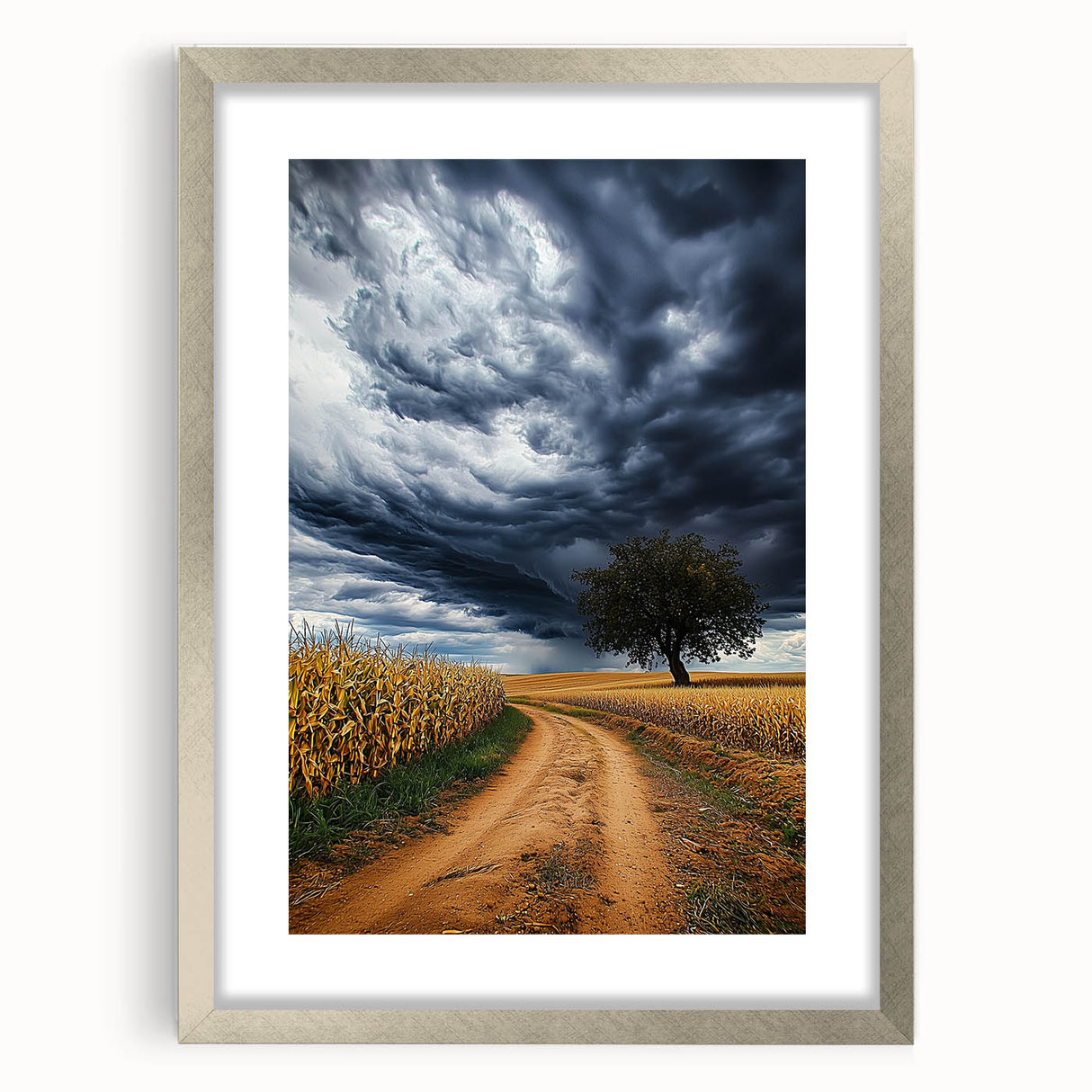 Silver-framed landscape artwork featuring vibrant green fields and a blue sky, elegantly matted for a refined presentation, perfect for home decor enhancement.