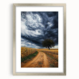 Silver-framed landscape artwork featuring vibrant green fields and a blue sky, elegantly matted for a refined presentation, perfect for home decor enhancement.