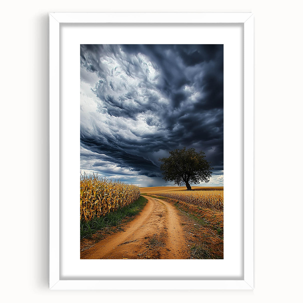 Framed landscape artwork depicting vibrant green fields under a blue sky, featuring a white mat for a polished look, perfect for home decor.