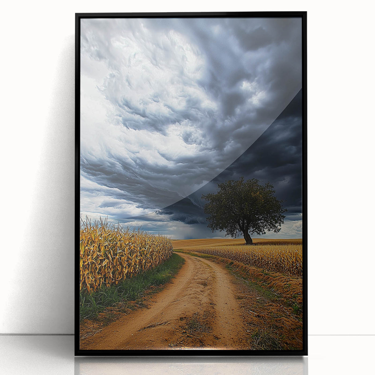 Framed acrylic landscape artwork showcasing vibrant green fields under a blue sky, with a sleek black frame enhancing its modern aesthetic, perfect for home decor.
