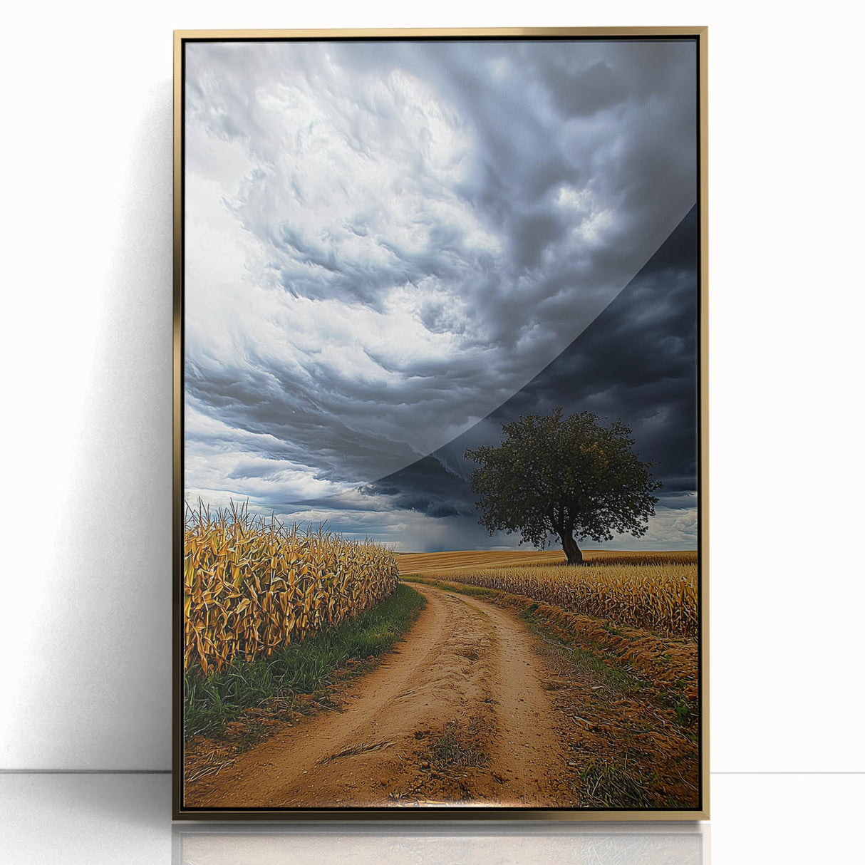 Framed acrylic artwork showcasing a vibrant landscape with golden hues, perfect for home decor. The piece highlights fields under a clear blue sky, enhancing any room's ambiance.