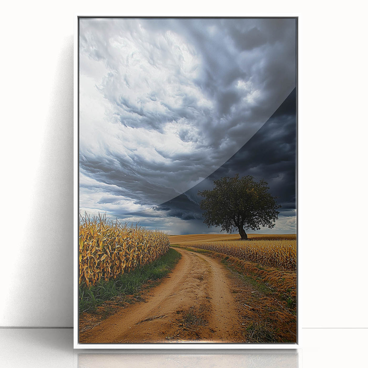 Framed acrylic artwork showcasing a vibrant landscape of lush green fields under a clear blue sky, presented in a sleek white frame, ideal for modern decor.