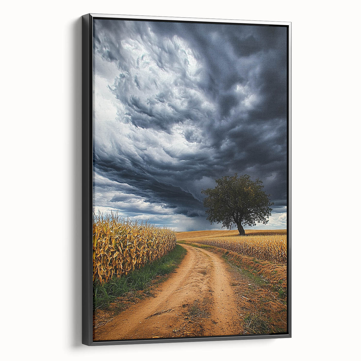 Framed canvas artwork showcasing a vibrant landscape of rolling fields, featuring rich green hues and dramatic sky, set in a sleek black frame for modern decor. Perfect for enhancing living spaces with natural beauty.