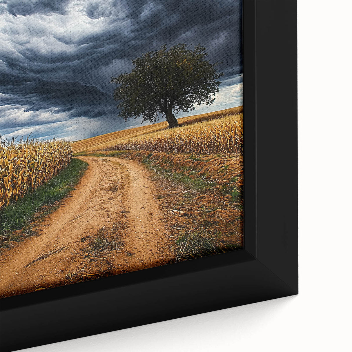 Close-up of a framed canvas artwork depicting vibrant green fields under a clear blue sky, showcasing intricate details and textures, ideal for home decor.