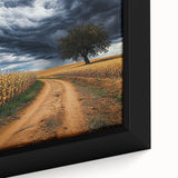 Close-up of a framed canvas artwork depicting vibrant green fields under a clear blue sky, showcasing intricate details and textures, ideal for home decor.